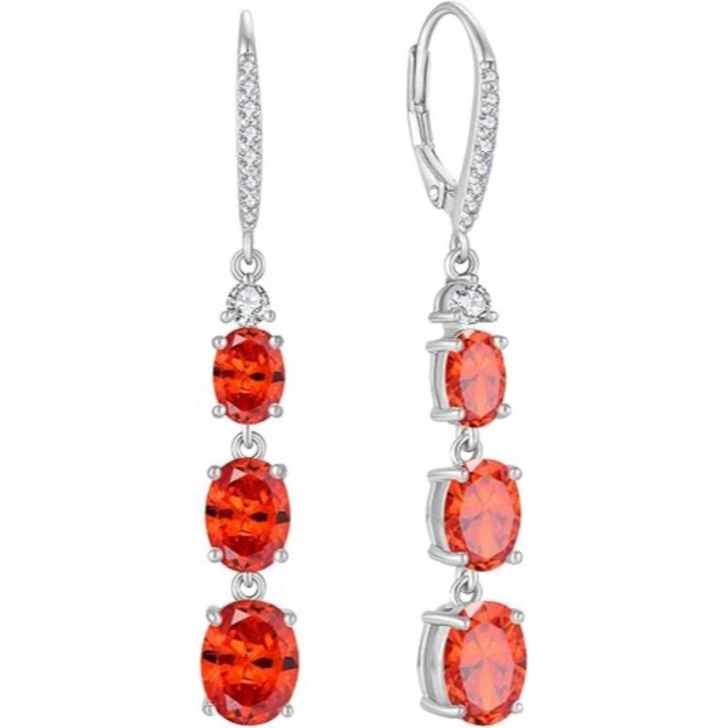 January Garnet Color 925 Silver Birthstone 3-Stone Leverback Earrings 5a Cz
